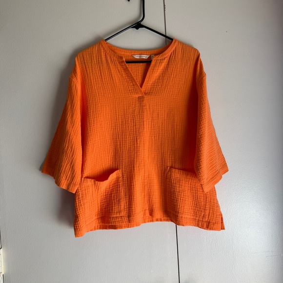 Soft Surroundings Araza Gauze Orange Top Pockets Summer Vacation Women’s Size PM - Picture 2 of 7